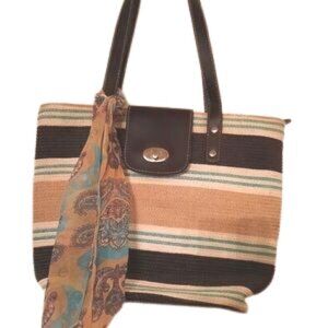 Emma James for Liz Claiborne woven beige/blue/cream handbag w scarf attd